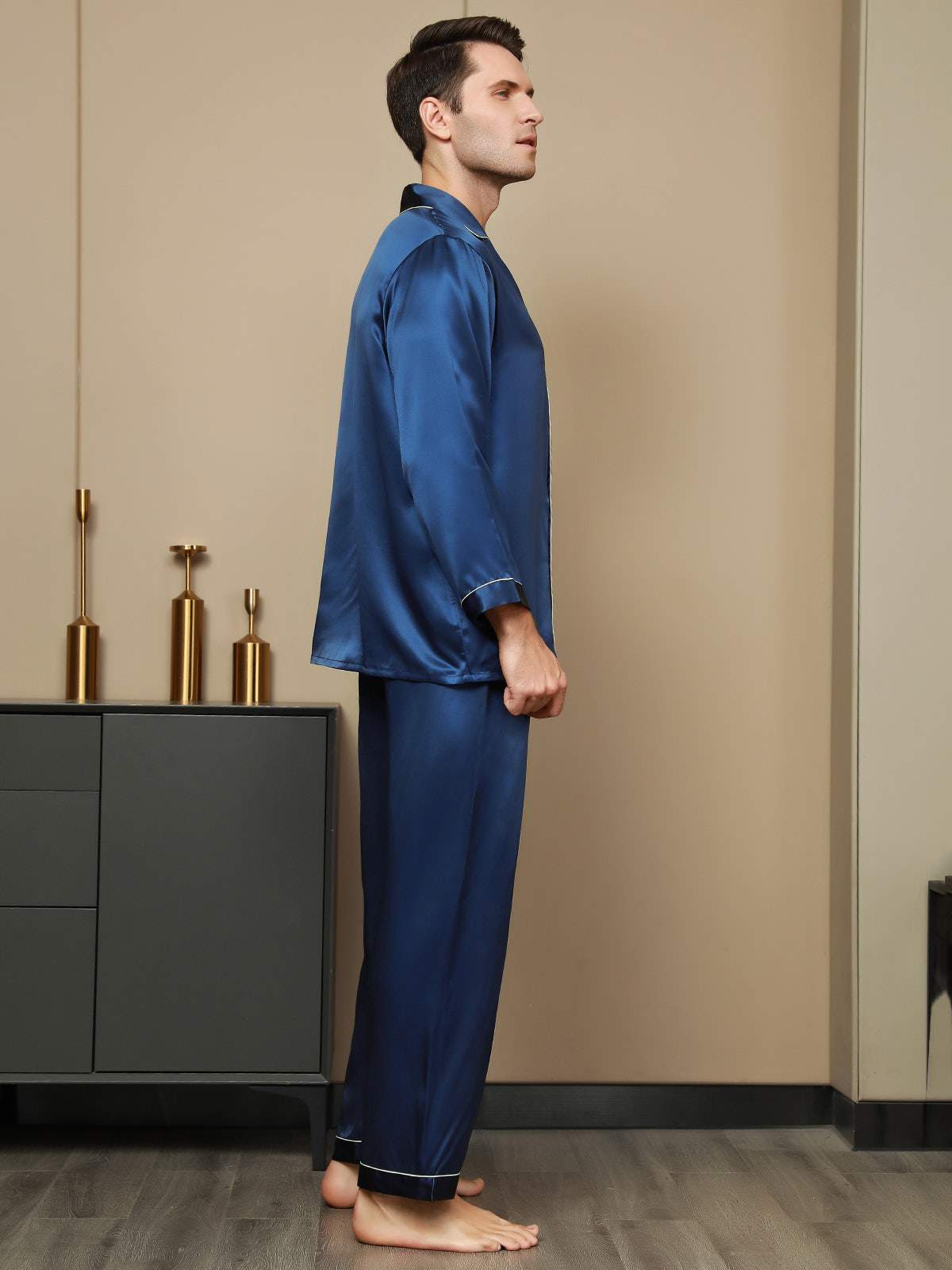 SilkSilky  Pure Silk Long Sleeve Lapel Men's Pajamas DarkBlue 003