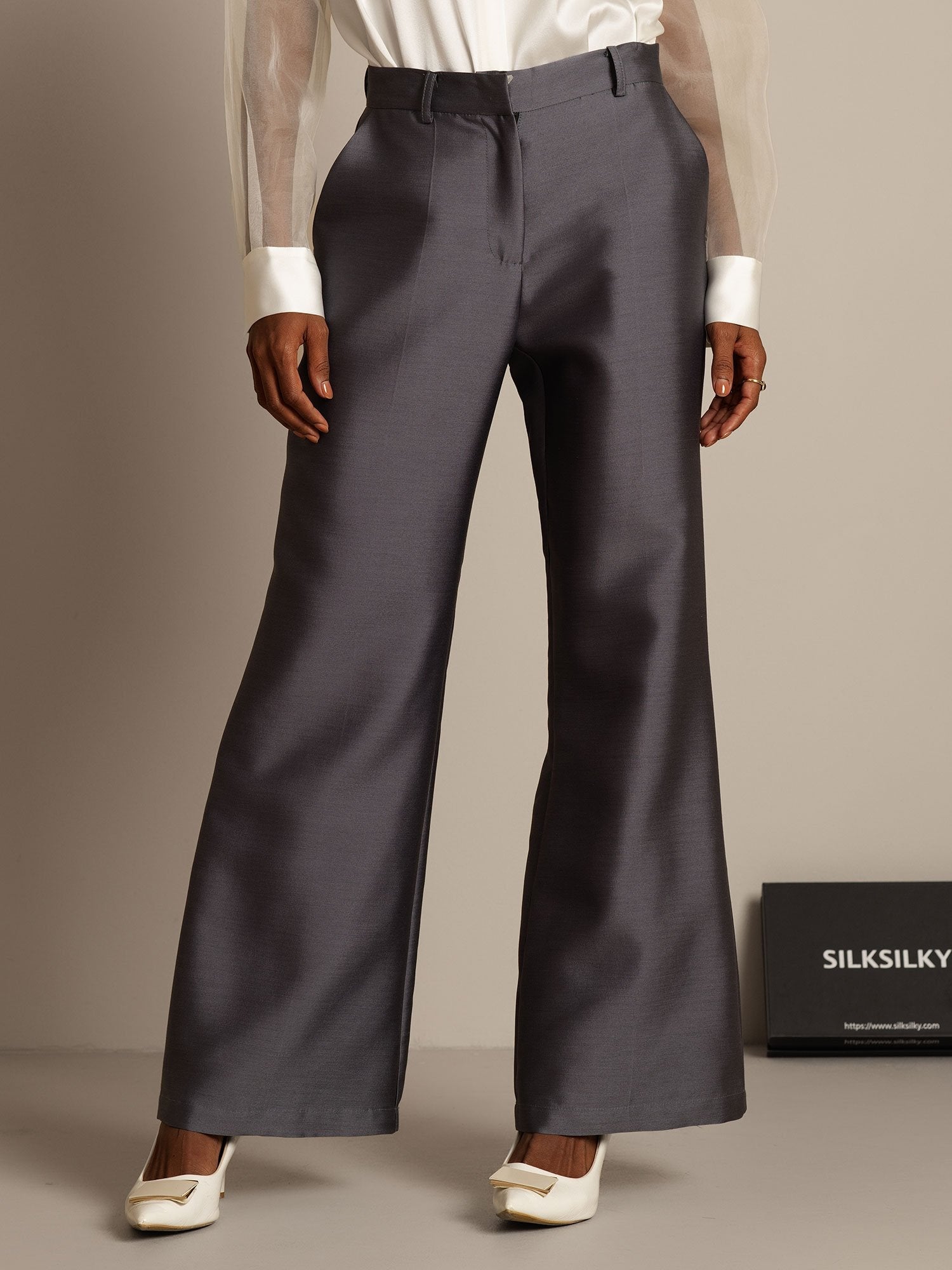 [Grå] SilkSilky-NO 32Momme Silk-Wool Blend Womens Pants 005,