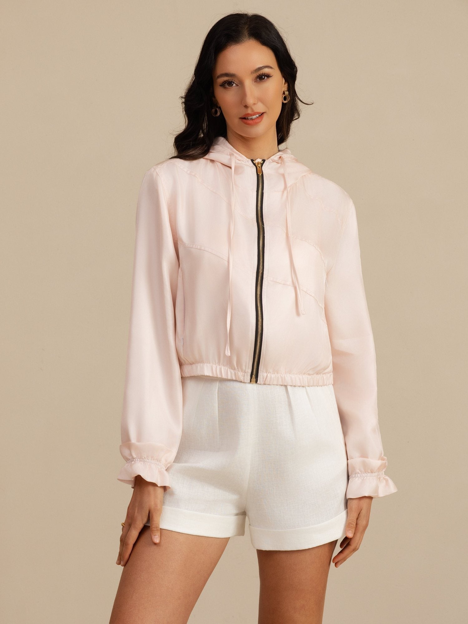 [Rosa] SilkSilky-NO 18Momme Langermet Høy Hals Yttertøy for Kvinner 007