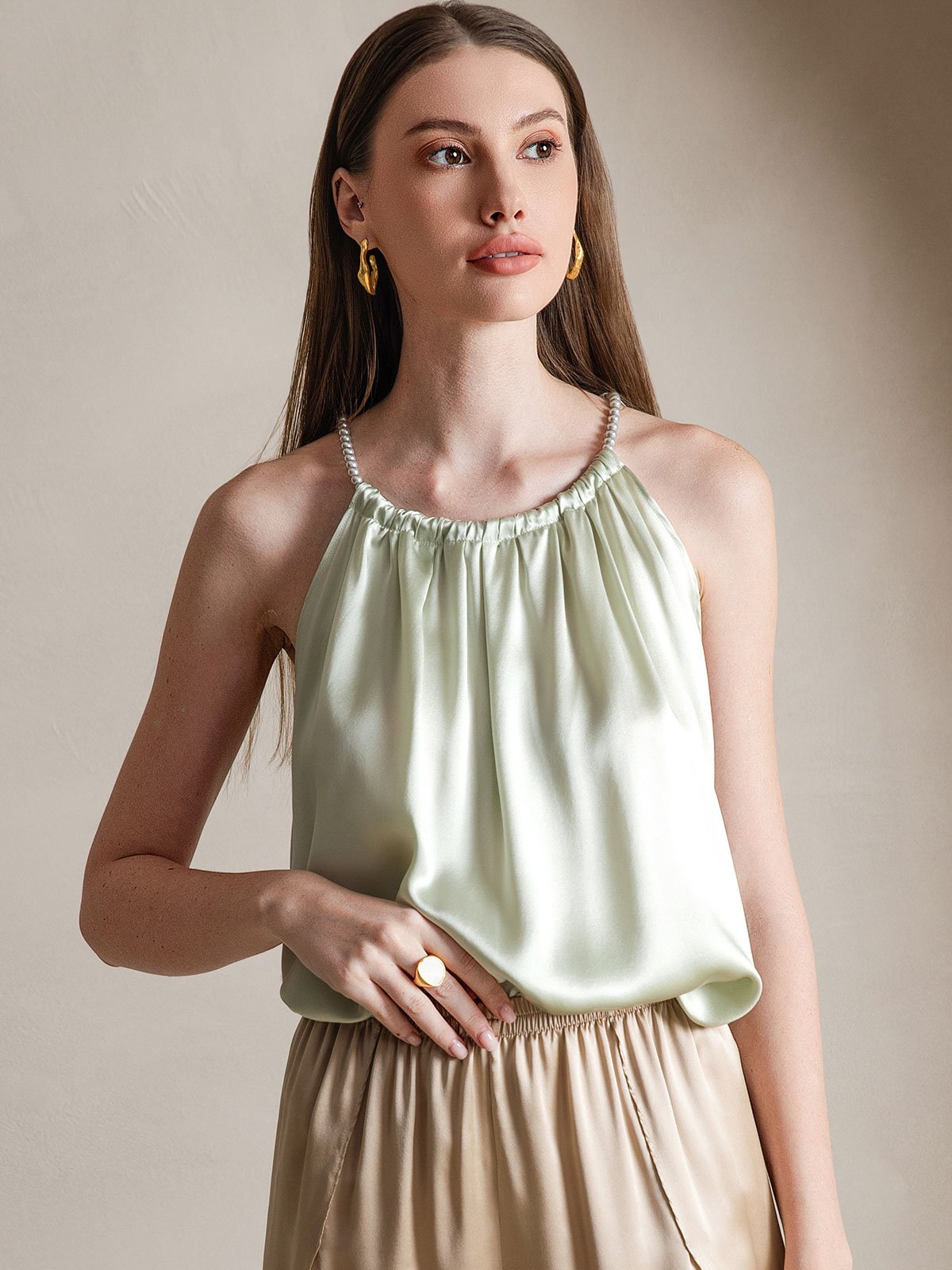 SilkSilky  19Momme Silk Blend Sleeveless Round Neck Camisole Top LightGreen 001