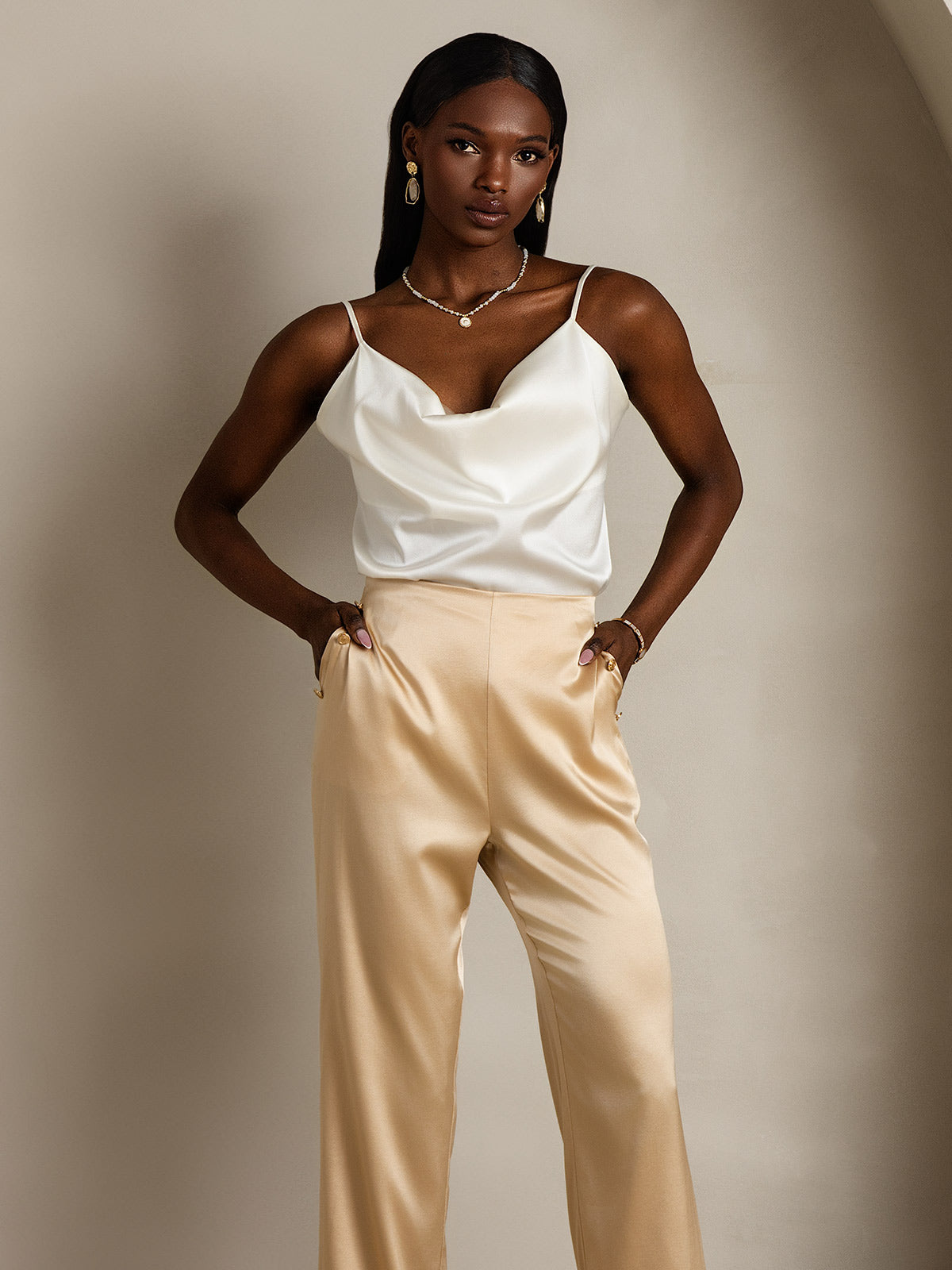 [Hvit] SilkSilky-NO 19Momme Silke Cowl Neck Camisole Topp 006