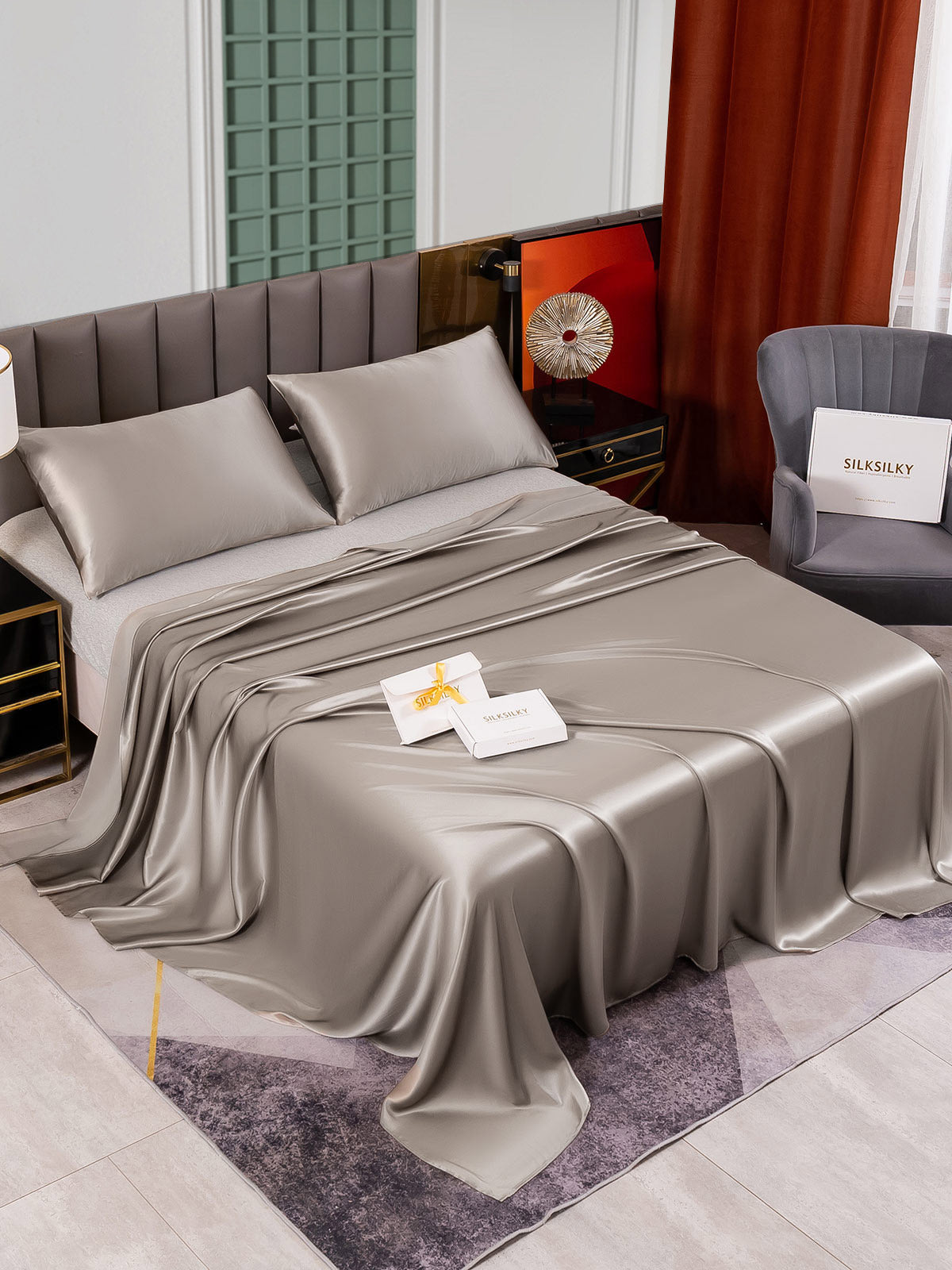 [Grå] SilkSilky-NO 25Momme Bedding Set 002