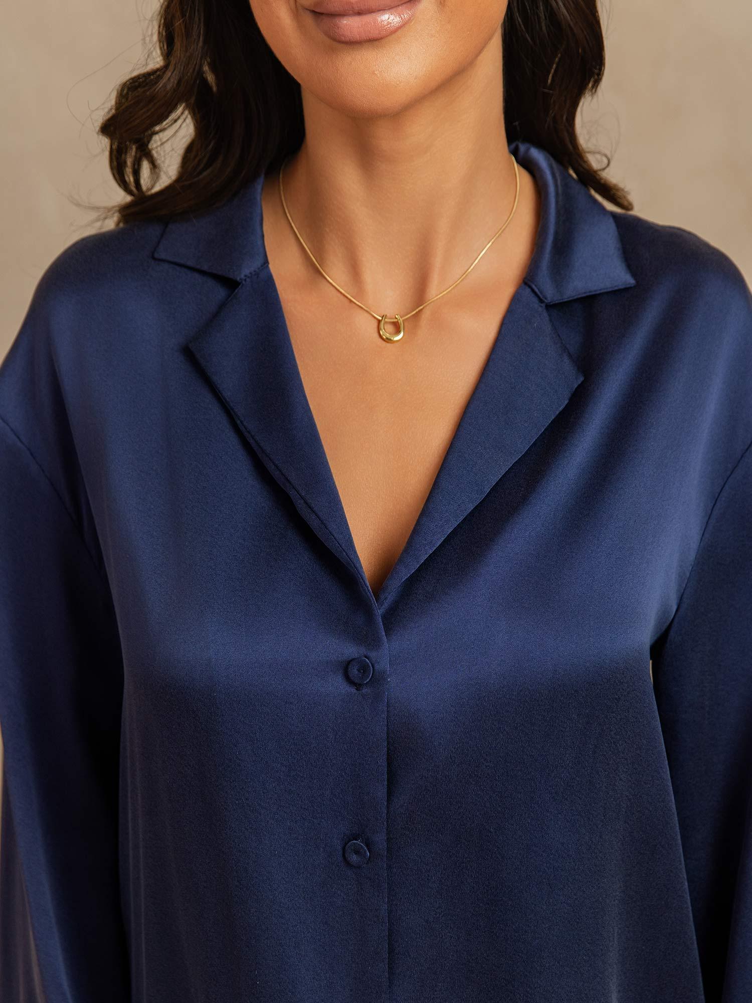 [Mørkeblå] SilkSilky-NO 19Momme Silke Womens Pajamas 004