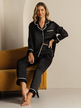 [Svart] SilkSilky-NO Long Sleeve Lapel Collar Pyjamas for Kvinner 008