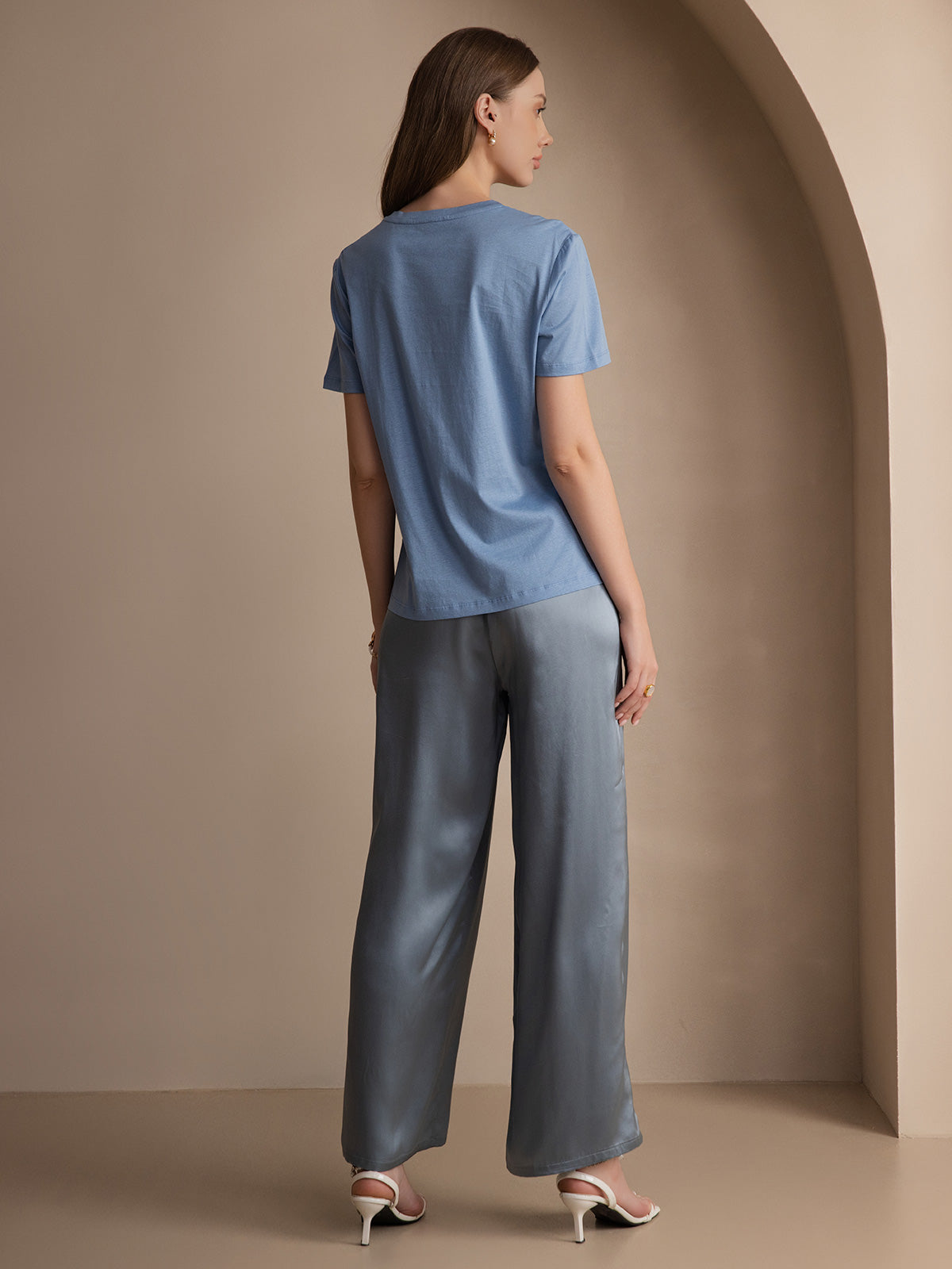 [Blå] SilkSilky-NO Silk Knitted Short Sleeve Round Neck T-skjorte for Kvinner 002
