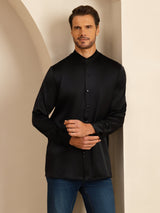 [Svart] SilkSilky-NO Long Sleeve Stand Collar Skjorte for Menn 006