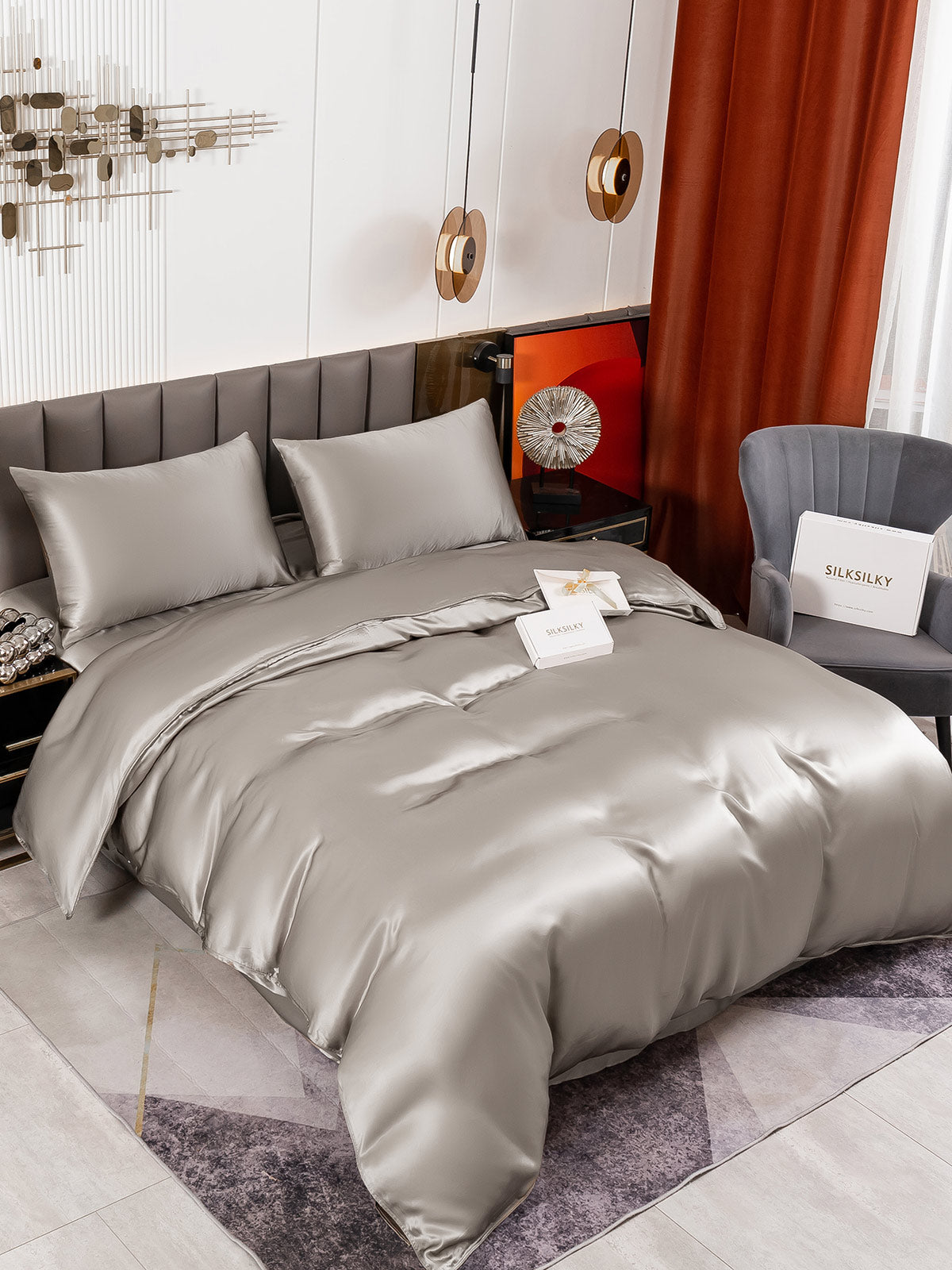 [Grå] SilkSilky-NO 19Momme Bedding Set 001
