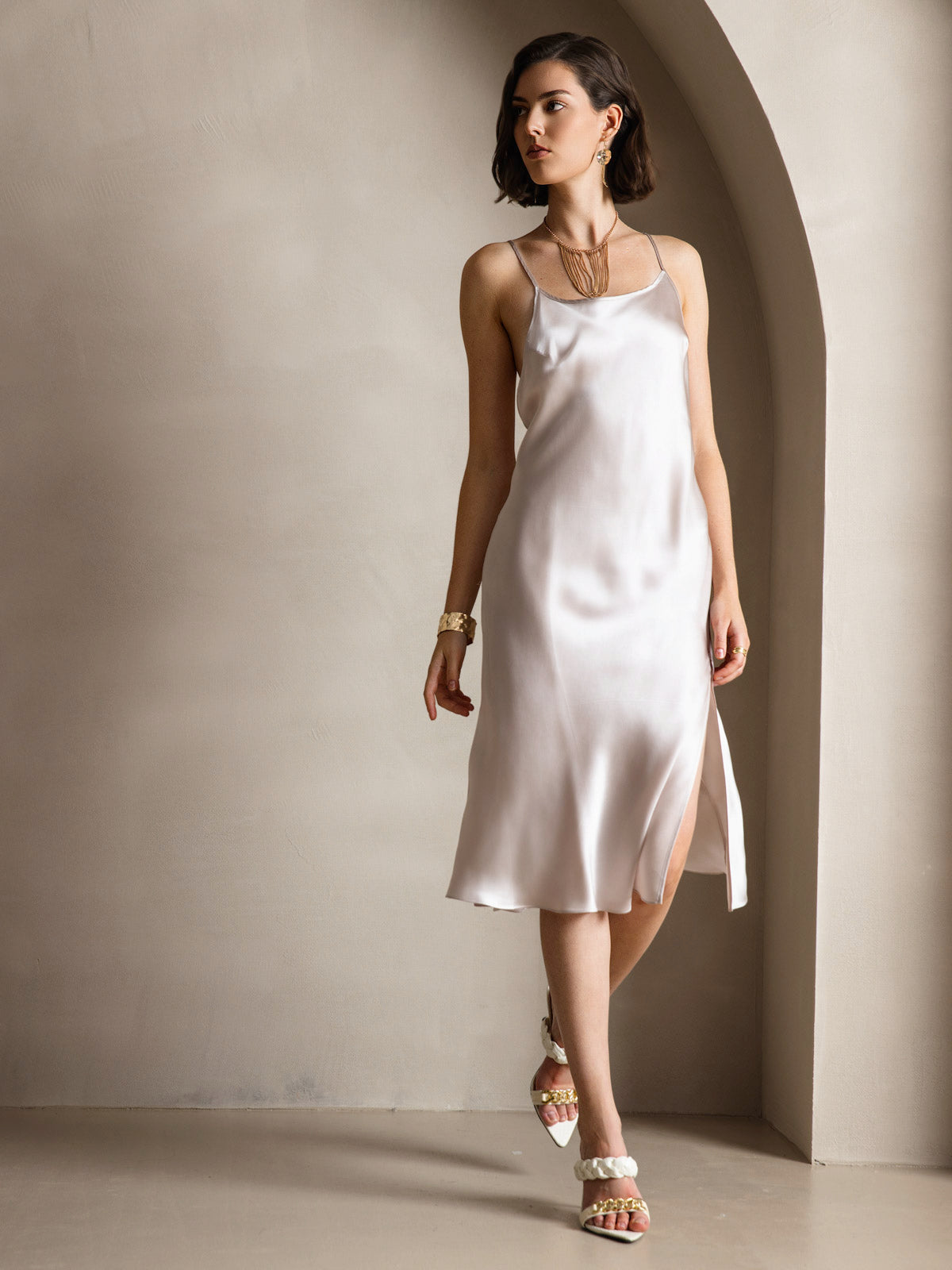 [Beige] SilkSilky-NO Dress 004,