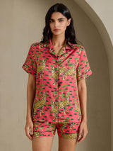 [Korallfarget Serval] SilkSilky-NO Short Sleeve Notch Collar Pyjamas for Kvinner 001