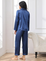[Mørke blå] SilkSilky-NO Long Sleeve Lapel Collar Pyjamas for Kvinner 002