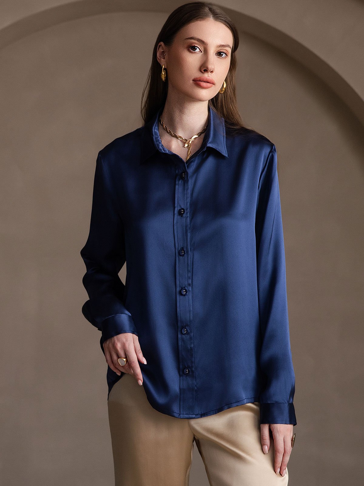 SilkSilky-NO 19Momme Silke Womens Shirt Mørkeblå 004