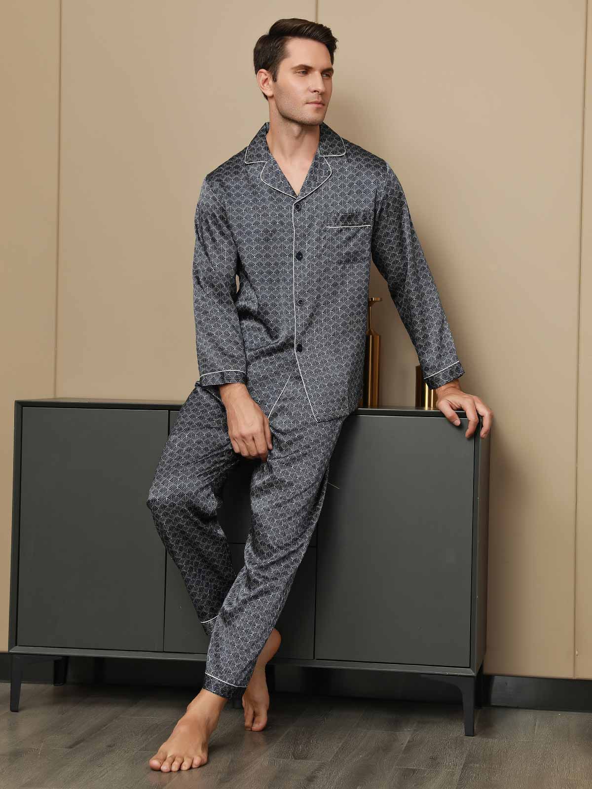 [Marine Ginkgo] SilkSilky-NO Long Sleeve Lapel Collar Pyjamas for menn 001