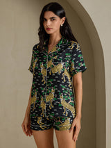 [Svart Serval] SilkSilky-NO Short Sleeve Notch Collar Pyjamas for Kvinner 003
