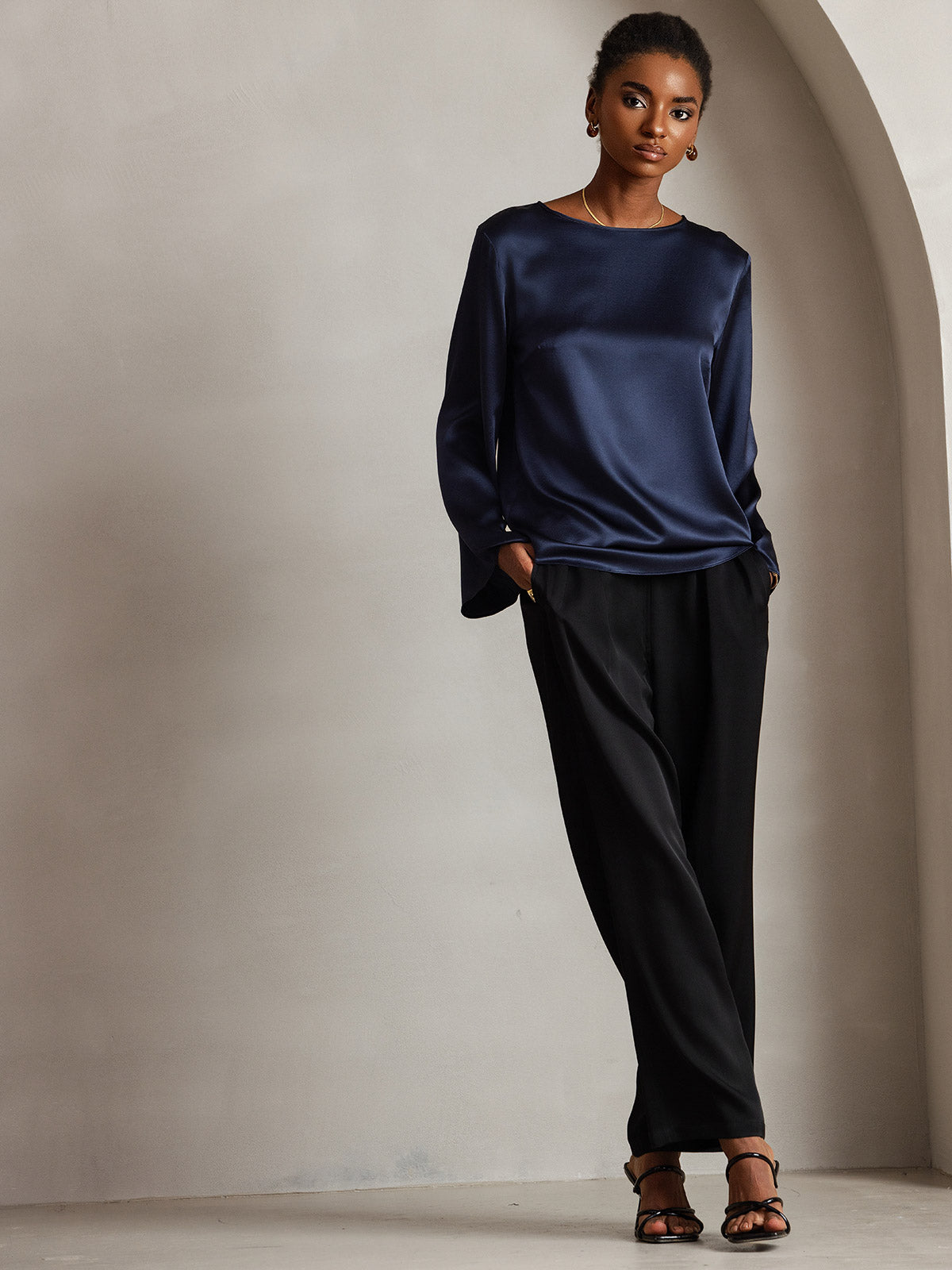 [Mørke blå] SilkSilky-NO 19Momme Silke Womens T-Shirt 006