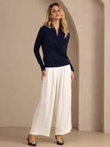 [Mørke blå] SilkSilky-NO Long Sleeve Wrap Damebluser 007
