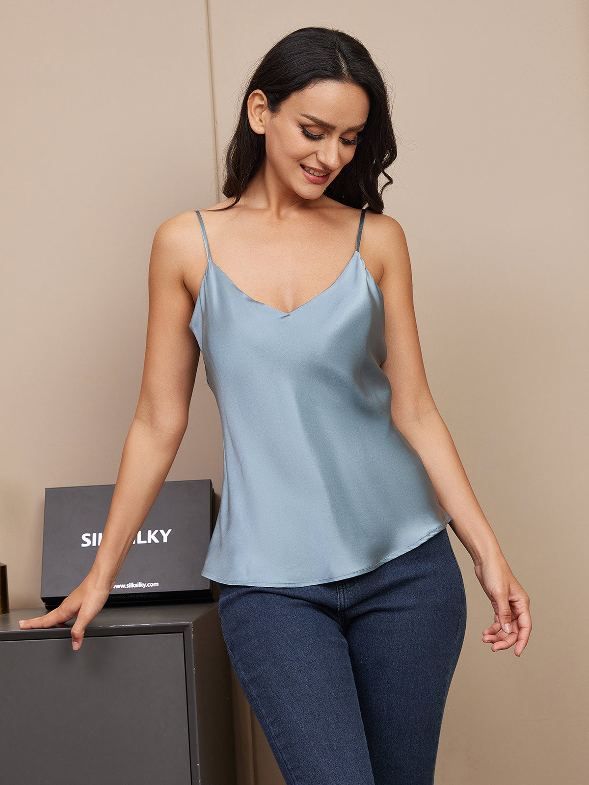 [Gråblå] SilkSilky-NO V-Hals Camisole Topp 004