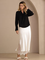 [Svart] SilkSilky-NO Long Sleeve Tie Neck Damebluser 007
