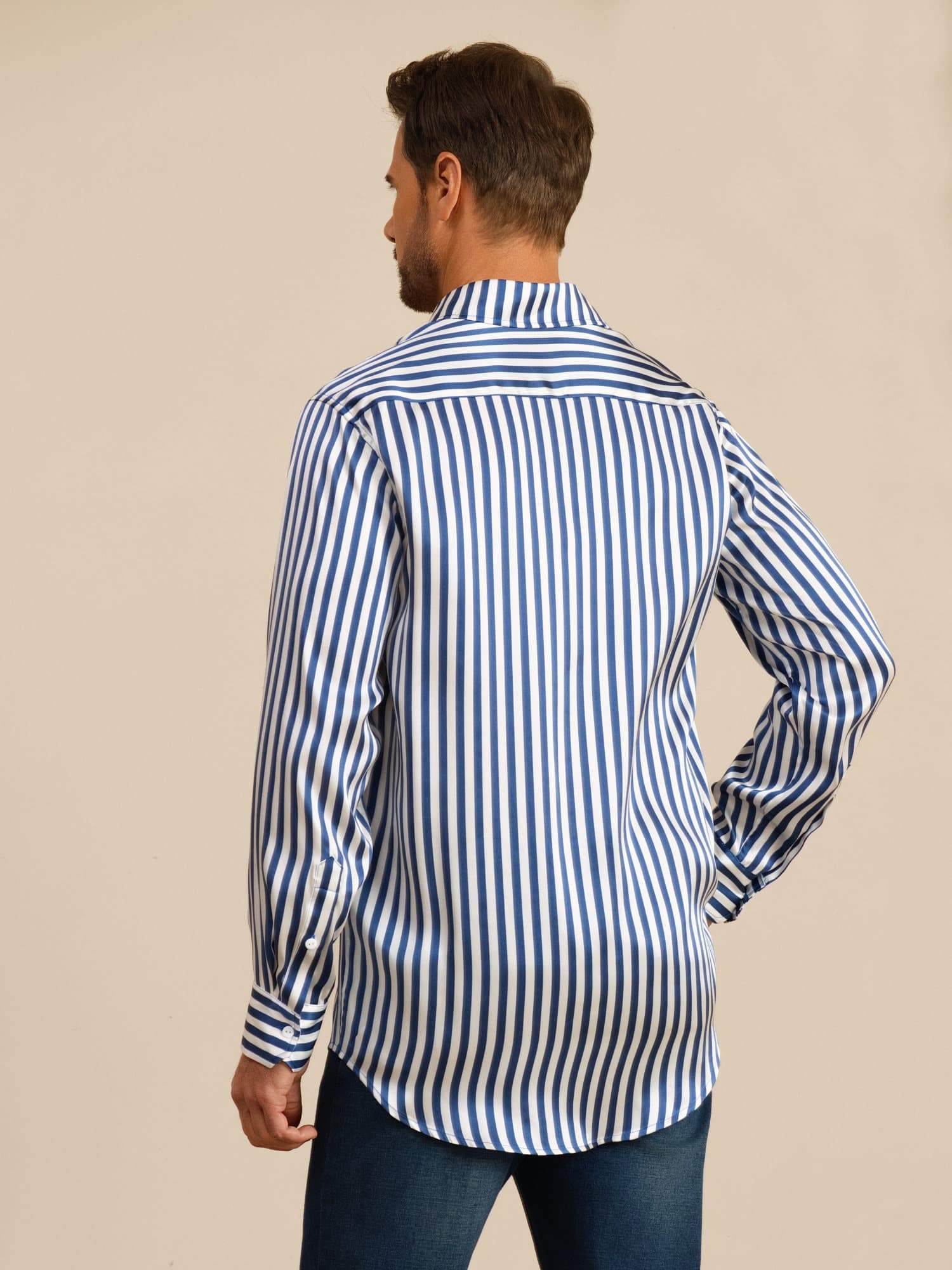 [Marine Stripe] SilkSilky-NO 19Momme Langermet Slagkrage Skjorte for Menn 002