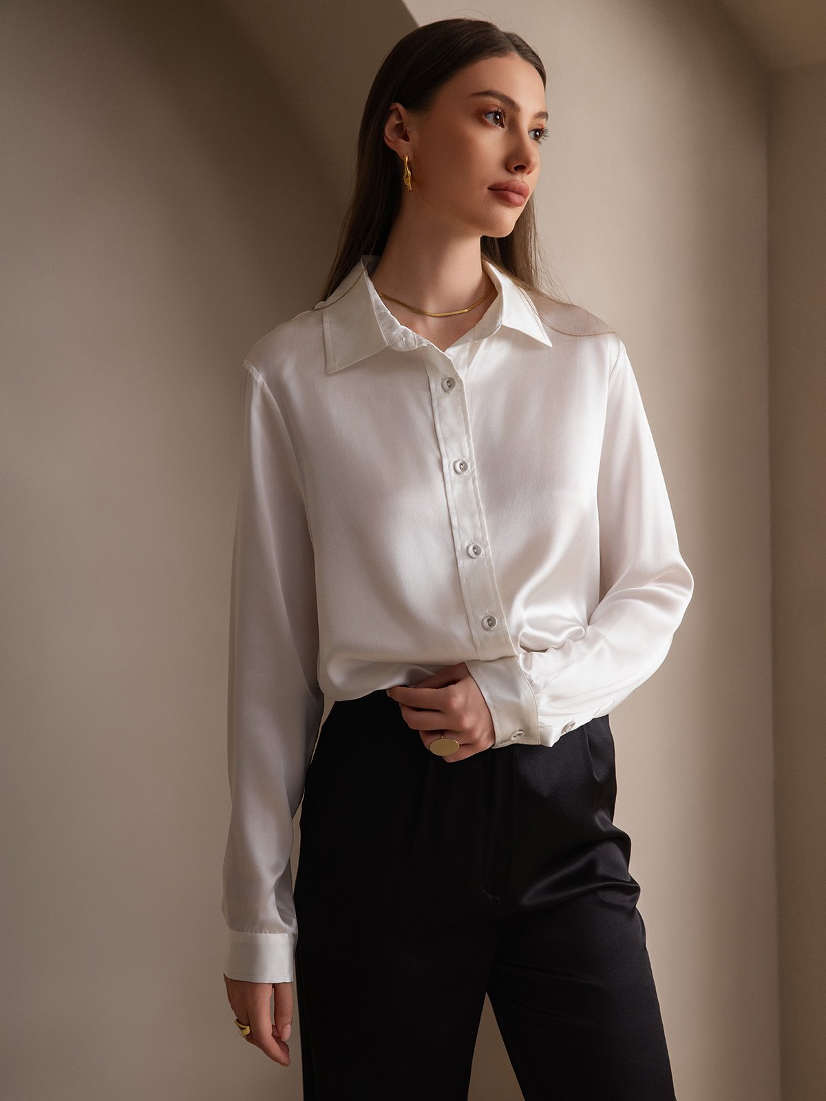 SilkSilky-NO 19Momme Silke Womens Shirt Hvit 006