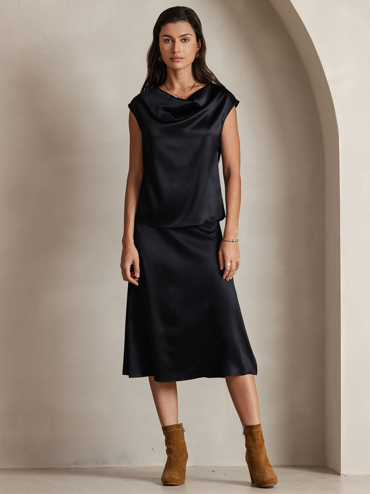 [Svart] SilkSilky-NO 19Momme Silke Cowl Neck T-skjorte for Kvinner 001