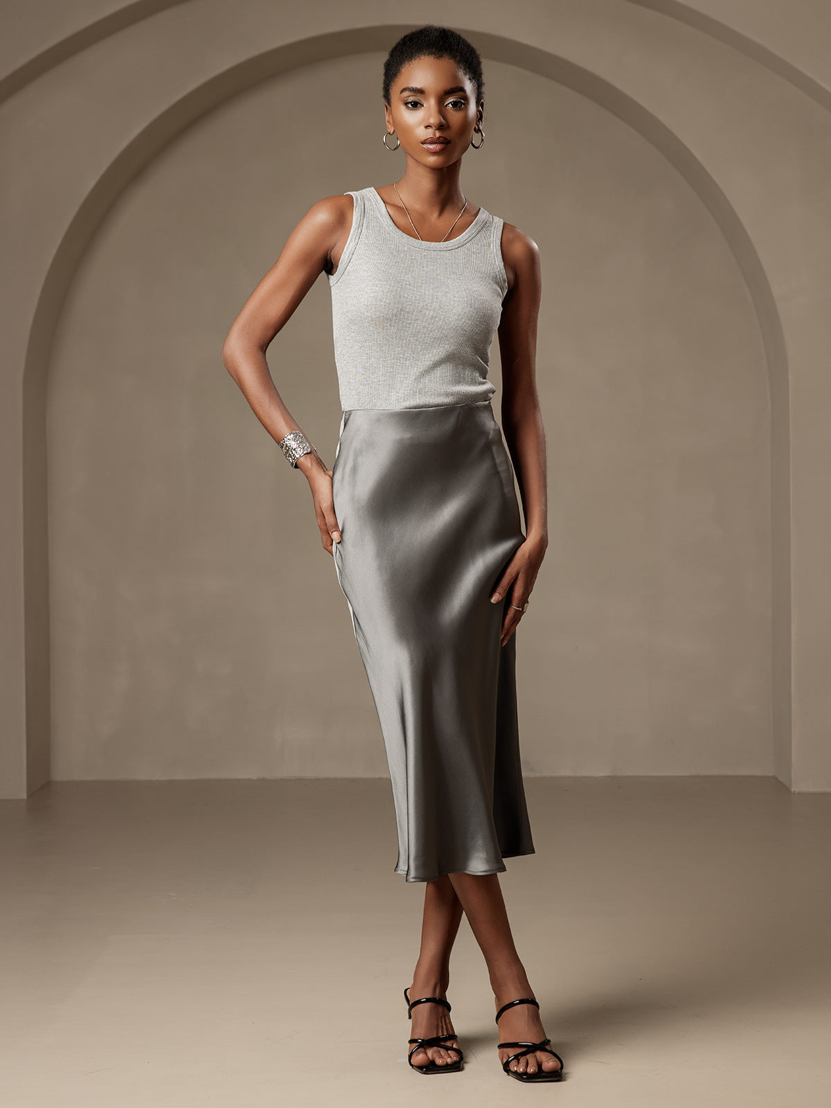 [Mørkegrå] SilkSilky-NO 19Momme Skirt 003,