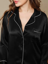 [Svart] SilkSilky-NO Long Sleeve Lapel Collar Pyjamas for Kvinner 007
