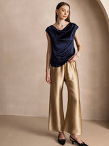 [Mørke blå] SilkSilky-NO Cap Sleeve Cowl Neck T-skjorte for Kvinner 007