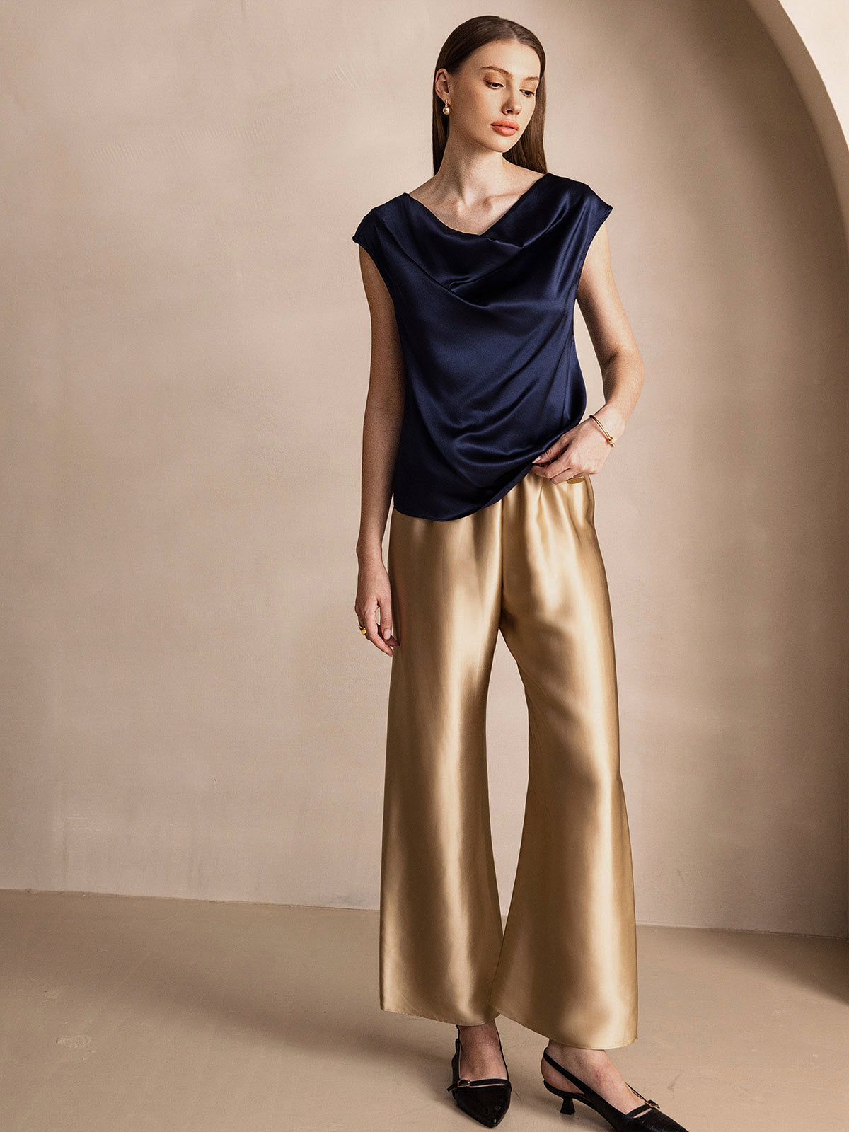 [Mørke blå] SilkSilky-NO 19Momme Silke Cowl Neck T-skjorte for Kvinner 007