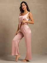 [Ferskenhud] SilkSilky-NO 19Momme Ermeløs Dyp Rund Halsutringning Pyjamas for Kvinner 003