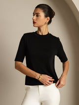 [Svart] SilkSilky-NO Halv erme Crew Neck T-skjorte for Kvinner 005