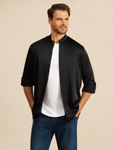 [Svart] SilkSilky-NO Long Sleeve Stand Collar Skjorte for Menn 003