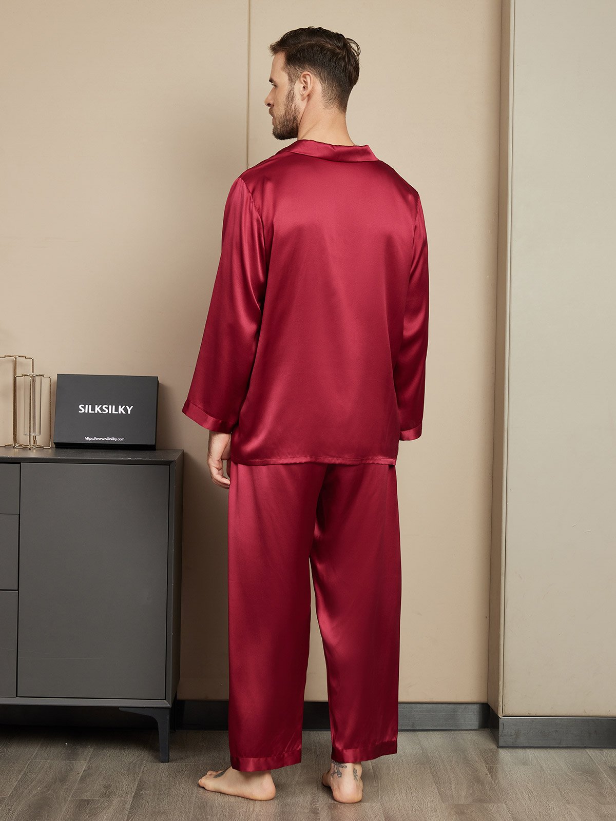 SilkSilky US Pure Silk Long Sleeve Mens Pajamas Wine 002