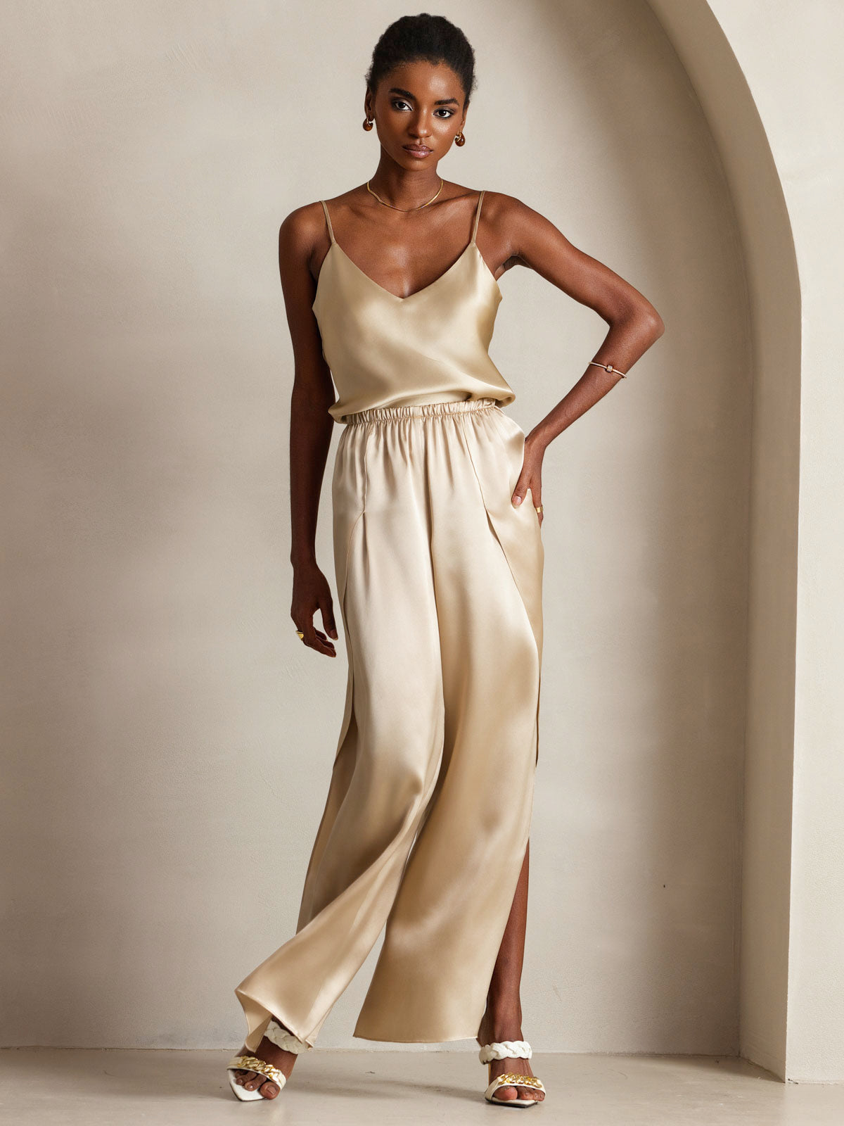 [Champagne] SilkSilky-NO V-Hals Camisole Topp 003