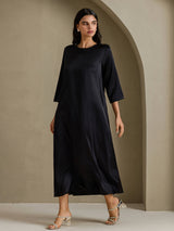 [Svart] SilkSilky-NO 3/4 Sleeve Round Neck Kjole 005