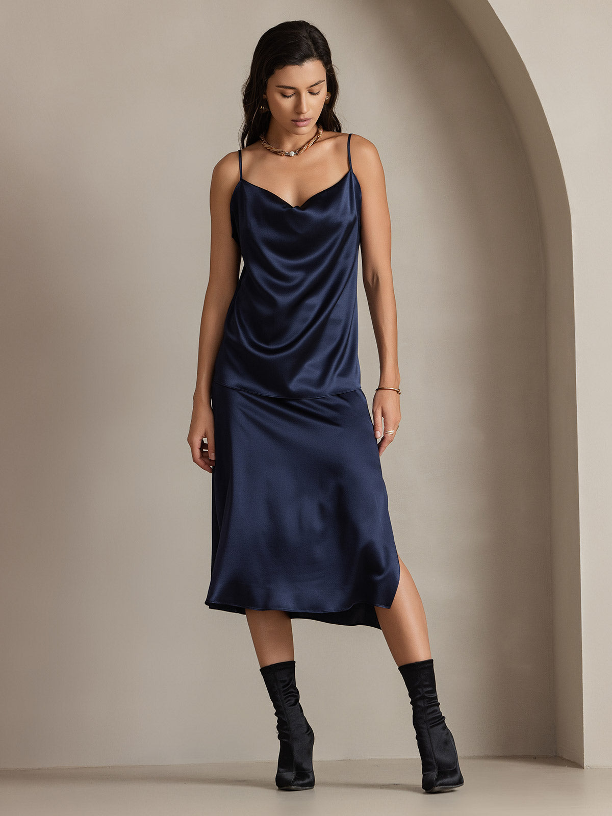 [Mørke blå] SilkSilky-NO 19Momme Silke Skirt 006