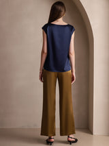 [Mørke blå] SilkSilky-NO Cap Sleeve Round Neck T-skjorte for Kvinner 002