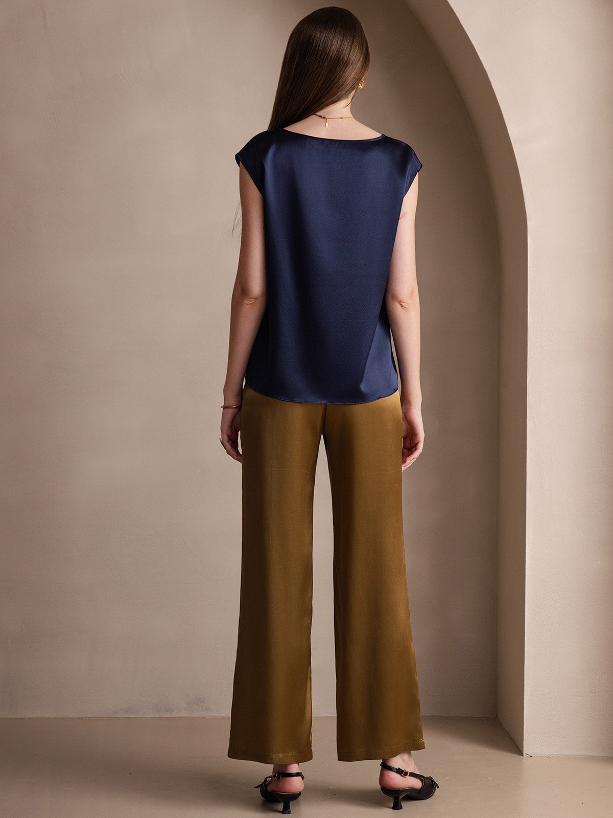 [Mørke blå] SilkSilky-NO 19Momme Silke Womens T-Shirt 002