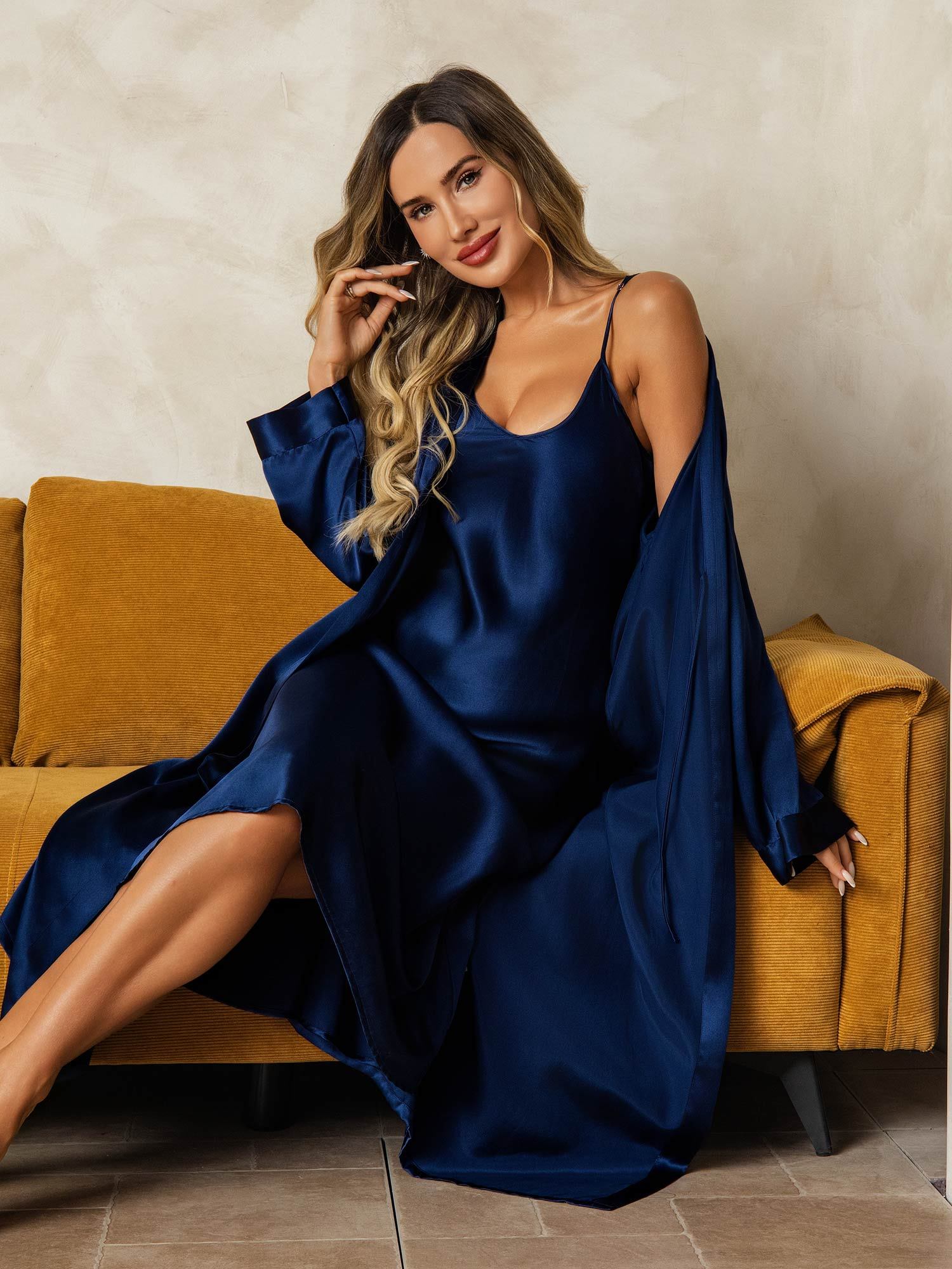[Mørke blå] SilkSilky-NO Silke Nightgown&Robe Set 006
