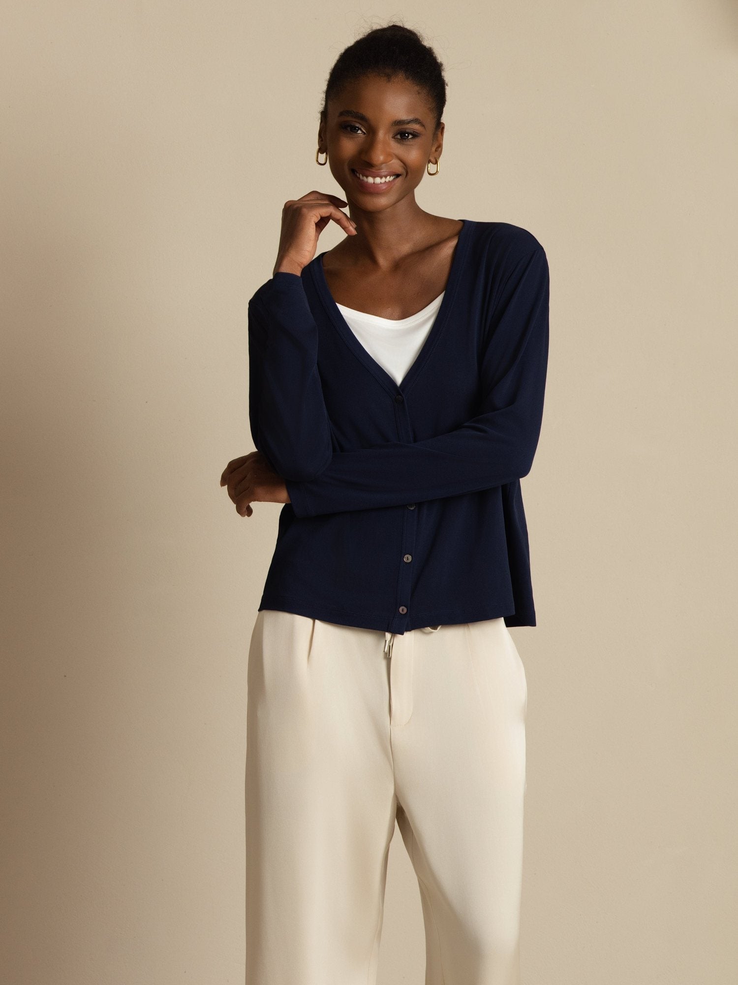 [Mørkeblå] SilkSilky-NO 19Momme Silke Langermet V Hals Dame Cardigan 004