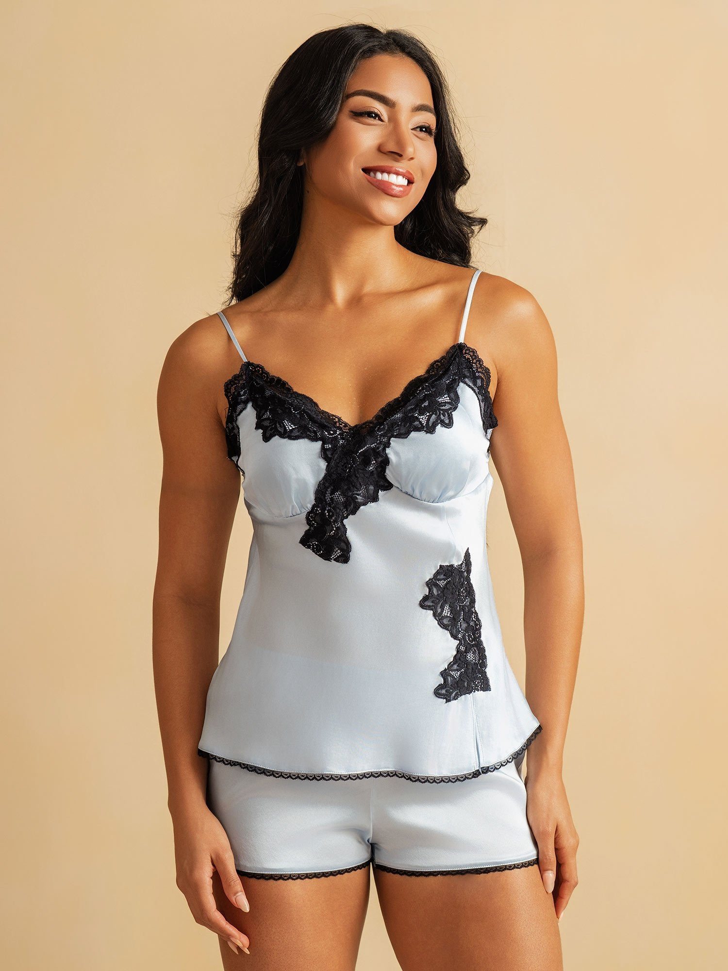 [Himmelblå] SilkSilky-NO Silke Camisole Set 003