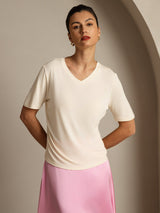 [Beige] SilkSilky-NO Kort erm V Hals T-skjorte for Kvinner 001