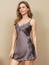 [Lilla Grå] SilkSilky-NO Spaghetti Strap V Neck Nattkjole 007