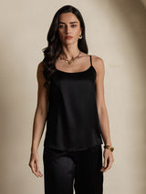 [Svart] SilkSilky-NO 19Momme Spaghetti Stropp Dyp Rund Halsutringning Camisole Topp 005