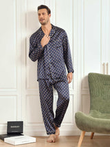 [Marine Kjede] SilkSilky-NO Long Sleeve Lapel Collar Pyjamas for menn 005