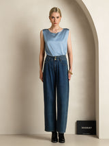 [Gråblå] SilkSilky-NO Sleeveless Round Neck Camisole Topp 007