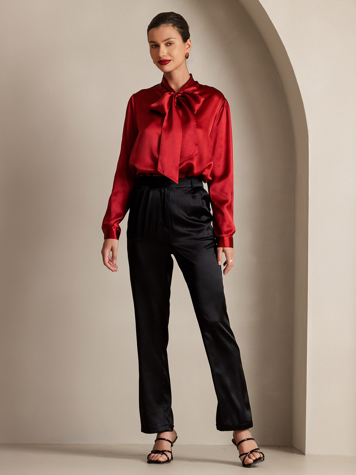 [Vin] SilkSilky-NO 19Momme Silke Long Sleeve Tie Neck Skjorte for Kvinner 006