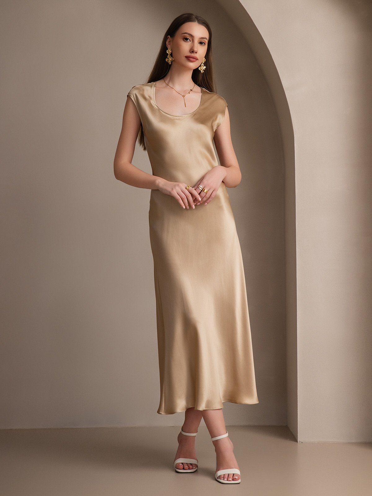 [Champagne] SilkSilky-NO 19Momme Silke Dress 001