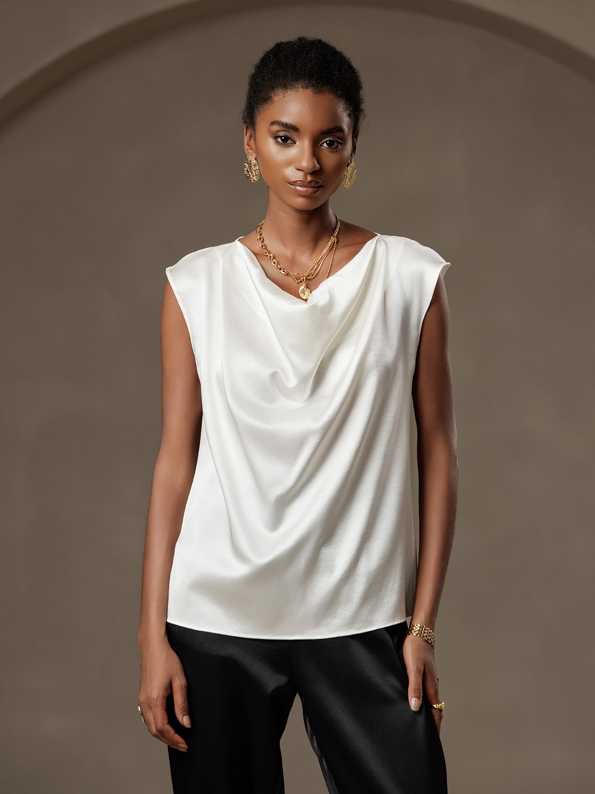 [Hvit] SilkSilky-NO 19Momme Silke Cowl Neck T-skjorte for Kvinner 001