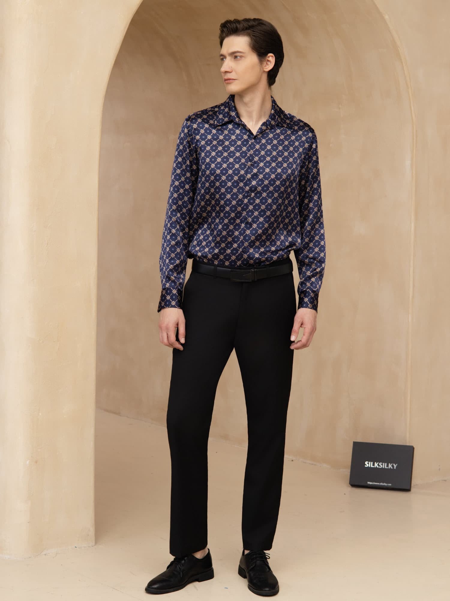 [Marine Kjede] SilkSilky-NO Langermet Slagkrage Skjorte for Menn 008