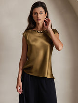 [Brun] SilkSilky-NO Cap Sleeve Round Neck T-skjorte for Kvinner 001